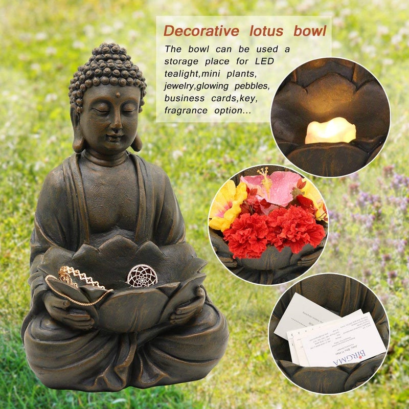 Goodeco 12" Meditating Buddha Statue Figurine w/Lotus - Zen Garden Statues for Indoor/Outdoor Decor- with Magical Glow in Dark Pebbles & Glass Stones, Ideal Gifts for Home (Brown) - Image 3
